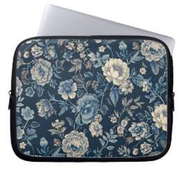 Funda Para Portátil Azul Marino Patrón Botánico Floral Vintage