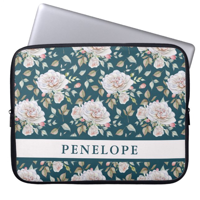 Funda Para Portátil Azul oscuro con floral y nombre (Frente)
