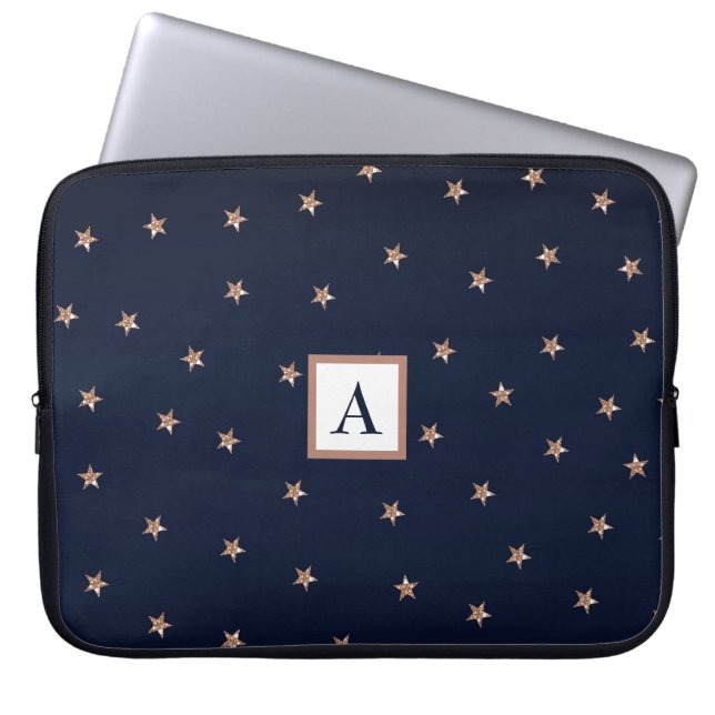 Funda Para Portátil Azul oscuro y Rosa oro Purpurinoso rosa estrellas  (Frente)