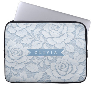 Funda Para Portátil Azul Personalizado de Encaje Floral Elegante Román