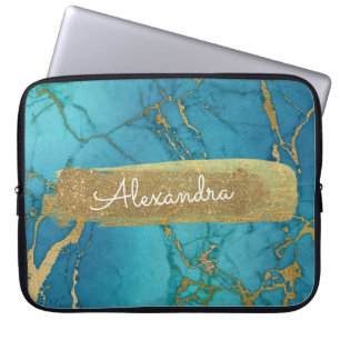 Funda Para Portátil Azul y Mármol con Relieve metalizado dorado y Purp