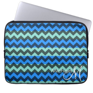 Funda Para Portátil Azul y Mint Chevron Zigzag Monograma Personalizado