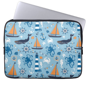 Funda Para Portátil Azul y naranja náuticos de océano