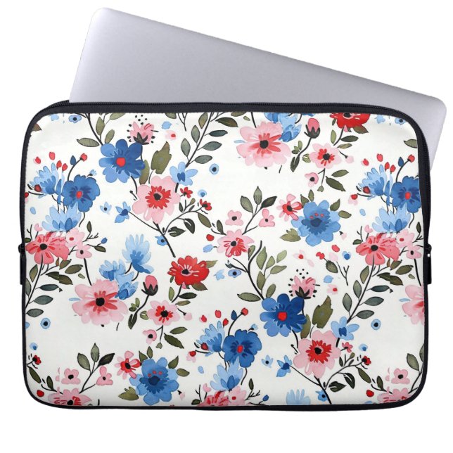 Funda Para Portátil Azul y Rojo Floral (Frente)