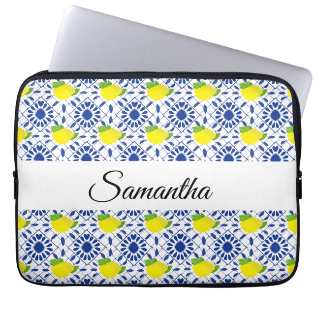 Funda Para Portátil Azulejo de limón geométrico azul (Frente)