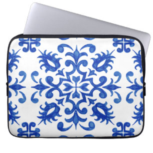 Funda Para Portátil Azulejo portugués azul central medallón redondo