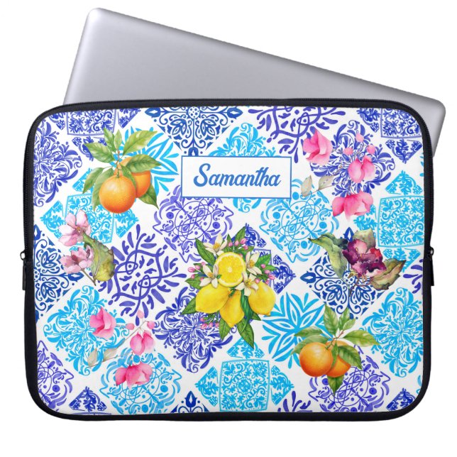 Funda Para Portátil Azulejos de cítricos sicilianos florales mediterrá (Frente)