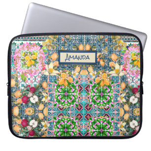 Funda Para Portátil Azulejos Florales de Citricos Sicilianos Azul Chic