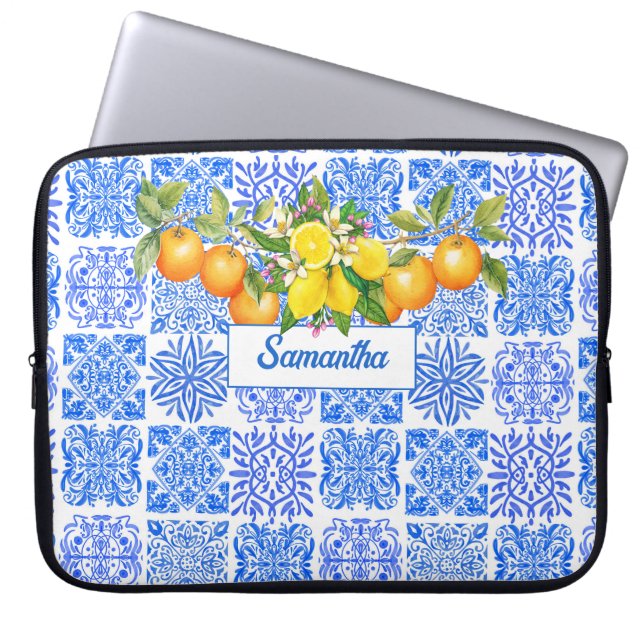 Funda Para Portátil Azulejos mediterráneos de cítricos amarillo azul s (Frente)