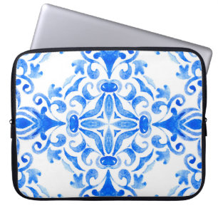 Funda Para Portátil Baldosas dibujadas a mano en azul y blanco sin sol