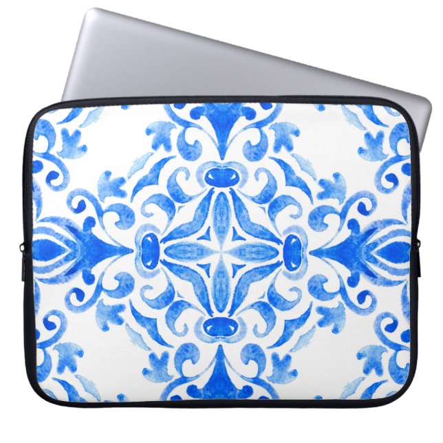 Funda Para Portátil Baldosas dibujadas a mano en azul y blanco sin sol (Frente)