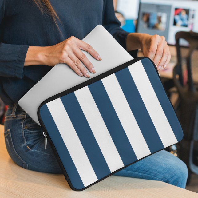 Funda Para Portátil Bandas azules de la marina, franjas blancas, patró (Subido por el creador)