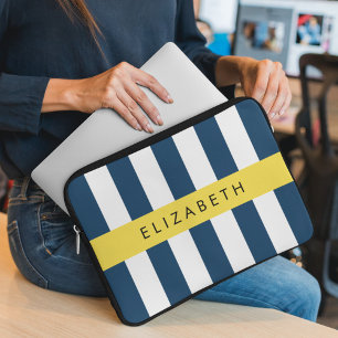 Funda Para Portátil Bandas azules de la marina, patrón rayado, tu nomb