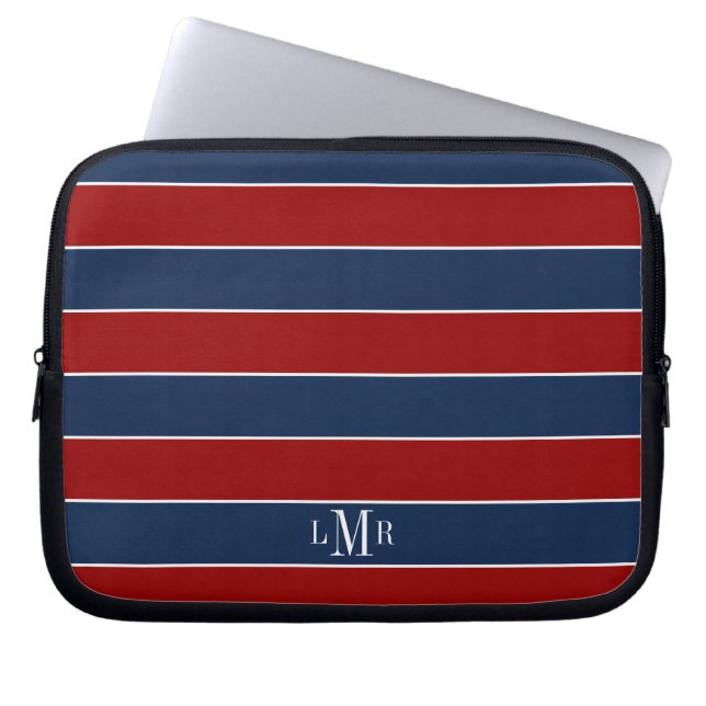 Funda Para Portátil Bandas de Rugby Rojo y Azul Monogramadas (Frente)