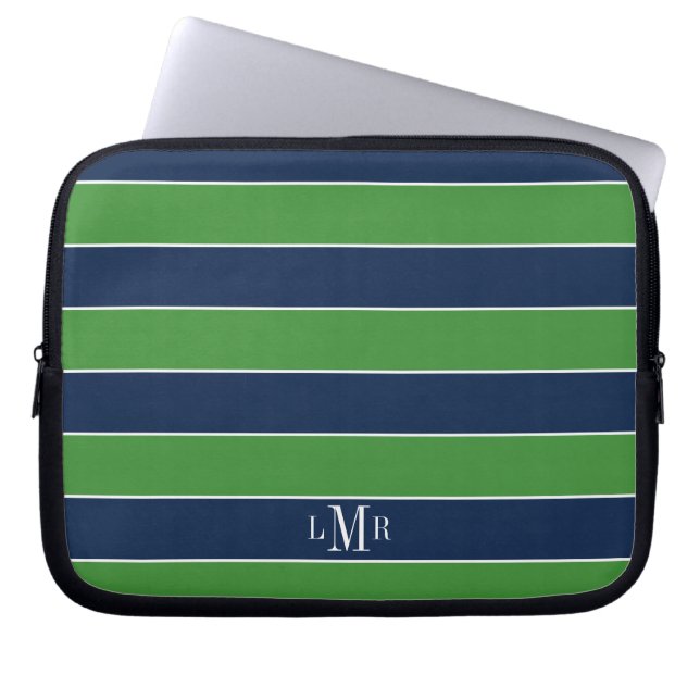 Funda Para Portátil Bandas de Rugby verdes y azules monogramadas (Frente)