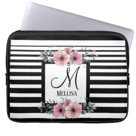 Funda Para Portátil Bandas negras y blancas monograma floral rosa