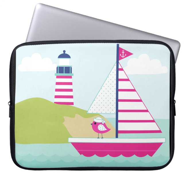 Funda Para Portátil Barco de vela rosada y faro (Frente)