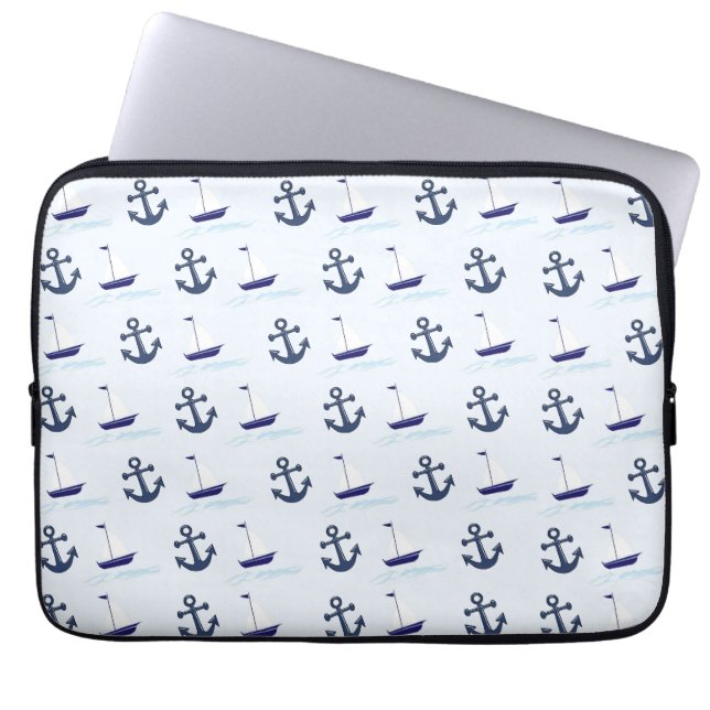 Funda Para Portátil Barco de vela y patrón de anclaje azul (Frente)