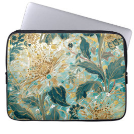 Funda Para Portátil Beautiful Blooming Flowers with Green Gold Pattern