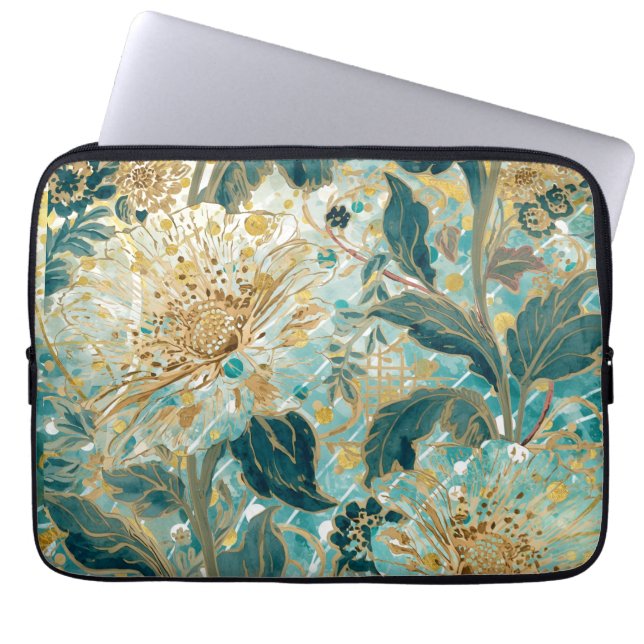 Funda Para Portátil Beautiful Blooming Flowers with Green Gold Pattern (Frente)