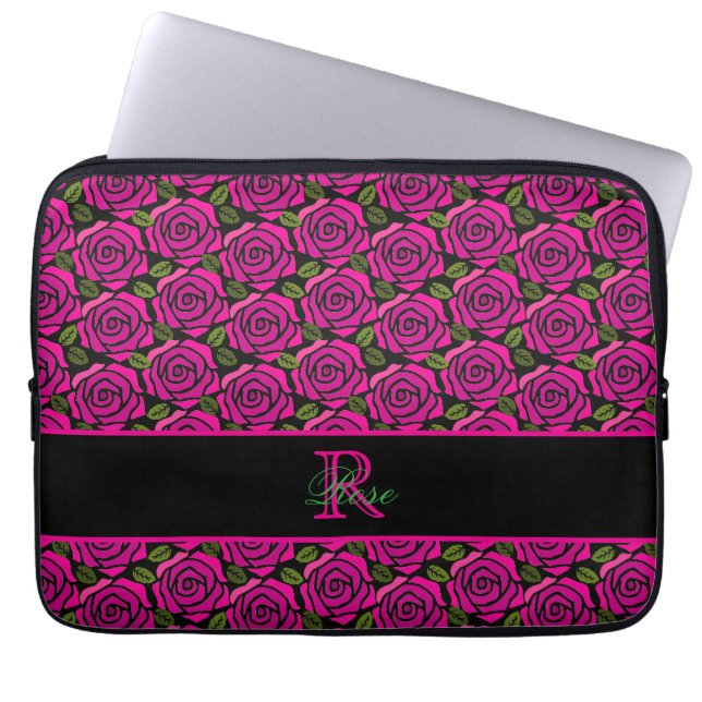 Funda Para Portátil Beautiful Girly Hot Pink Roses Name Monogram  (Frente)