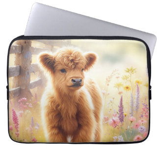 Funda Para Portátil Bebé Adorable Vaca Highland en Campo de Flores