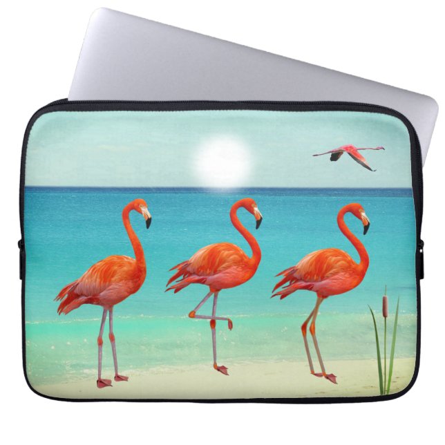 Funda Para Portátil Bellos flamencos rosas en la playa (Frente)