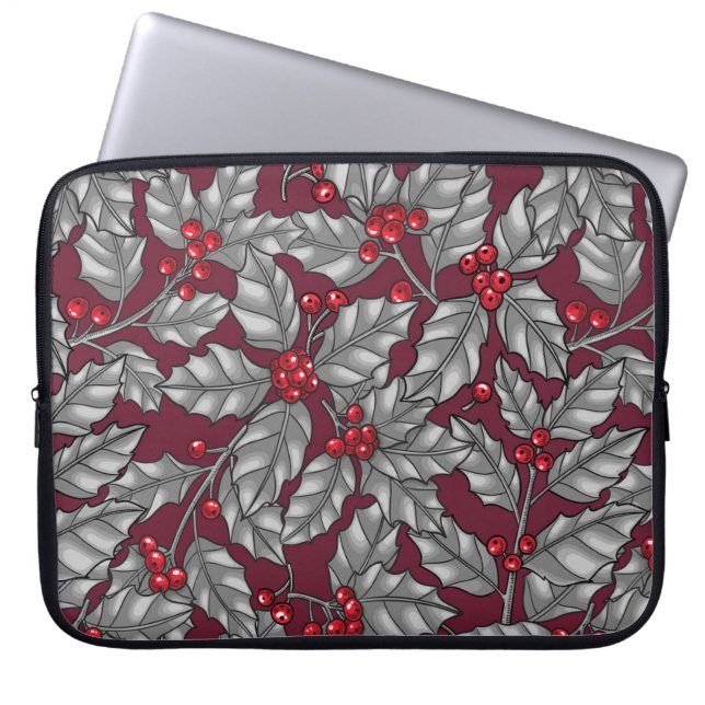 Funda Para Portátil Berry holly, hojas grises en rojo oscuro (Frente)