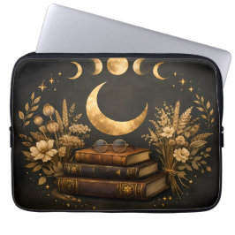 Funda Para Portátil Biblioteca Mística Dorada y Arte Boho Lunar Botáni