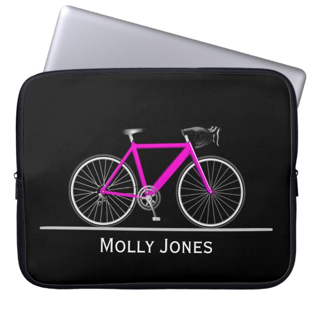 Funda Para Portátil Bicicleta rosa neón con nombre en negro (Frente)