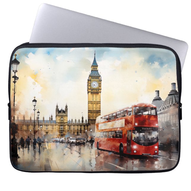 Funda Para Portátil Big Ben y autobús rojo en Londres (Frente)