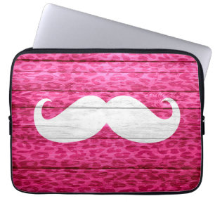 Funda Para Portátil Bigote Blanco sobre Madera de Leopardo Rosa Fucsia