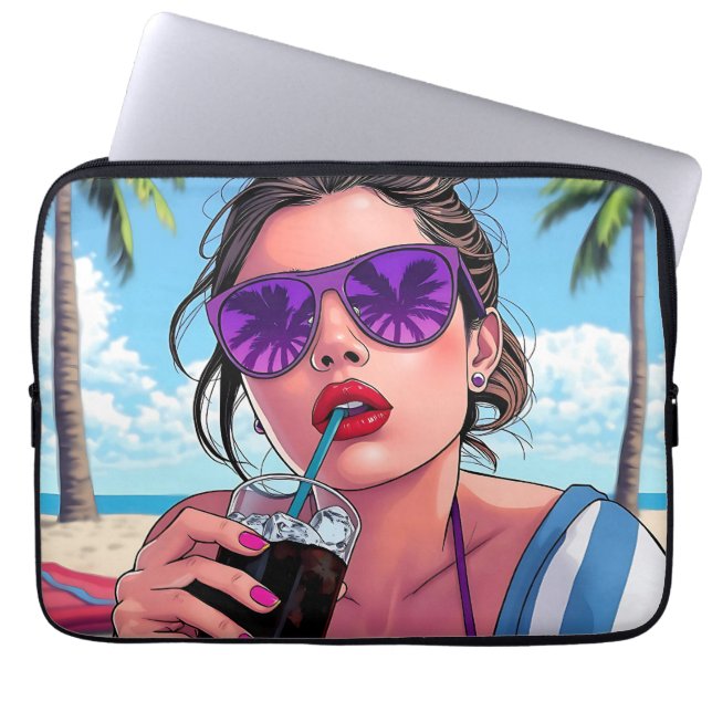 Funda Para Portátil Bikini morado, gafas de sol y mujer andana (Frente)