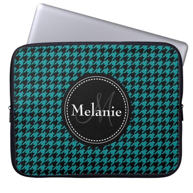 Funda Para Portátil Black Blue Houndstooth Monogrammed Pattern (Frente)
