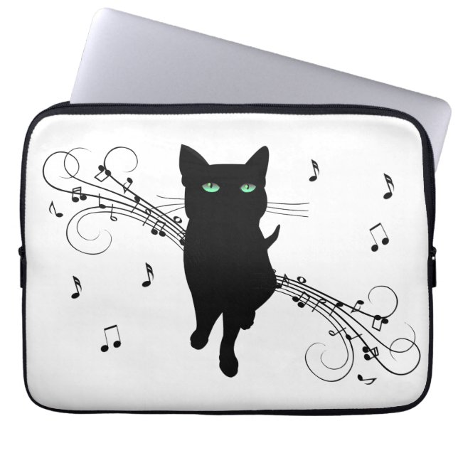 Funda Para Portátil Black Cat Surrounded by Whispering Notes of Music (Frente)