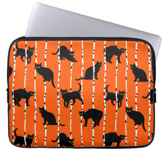 Funda Para Portátil Black Cats and Birch Branches on Vibrant Orange