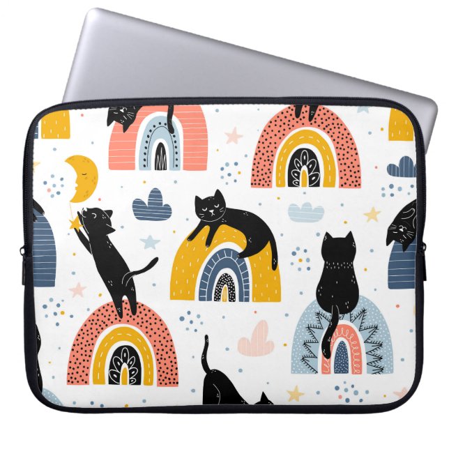 Funda Para Portátil Black Cats Rainbows Patrón de fantasía (Frente)