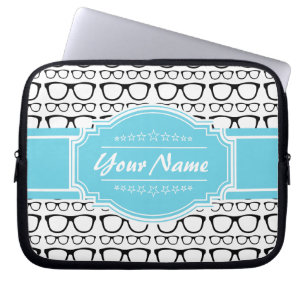 Funda Para Portátil Black Retro Geek Glasses Aqua Nombre Personalizado