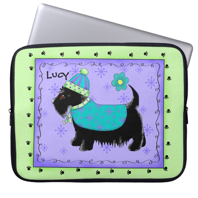Funda Para Portátil Black Scottie Terrier Dog Name Personalized Green (Frente)