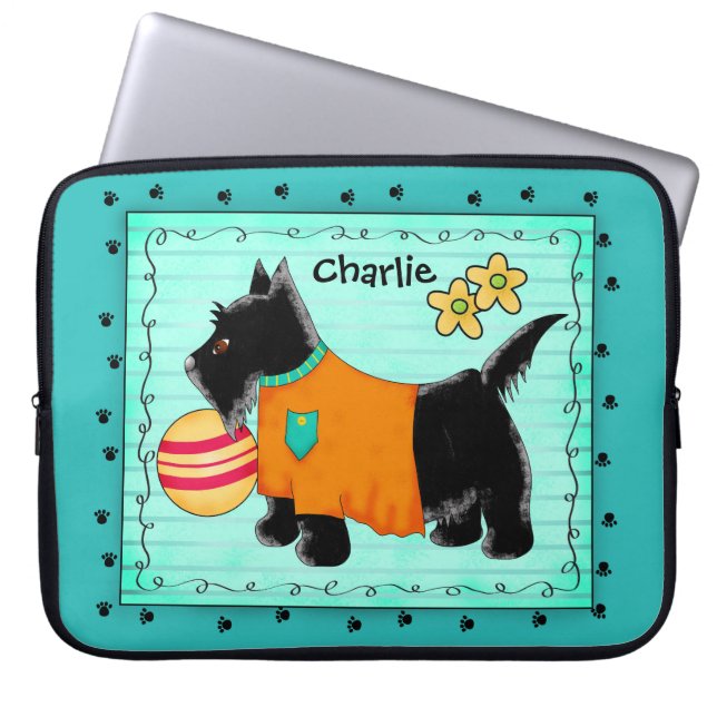 Funda Para Portátil Black Scottie Terrier Dog Name Personalized Verde  (Frente)