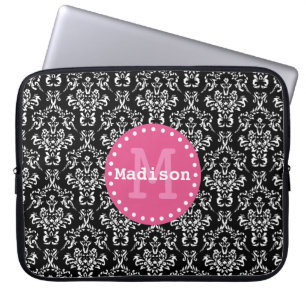 Funda Para Portátil Black White Pink Victorian Damask Monogram