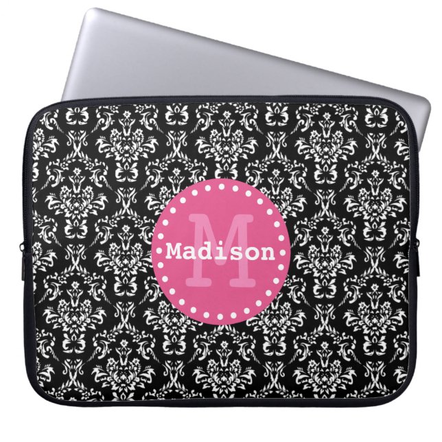 Funda Para Portátil Black White Pink Victorian Damask Monogram (Frente)