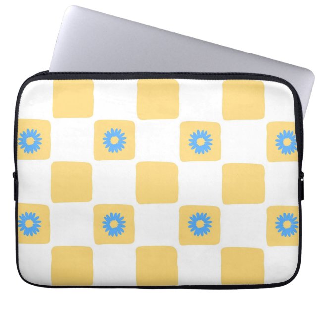 Funda Para Portátil Blanco Amarillo Ajetreado Con Patrón De Flor Azul (Frente)