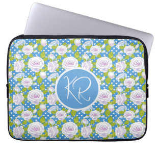 Funda Para Portátil Blanco Floral Azul Rosa Monograma Iniciales de Mod