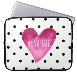 Funda Para Portátil BLANCO + polka negro puntos Acuarela Monograma Cor