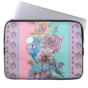 Funda Para Portátil Blue Budgie Watercolor Chicas florales Pink Aqua