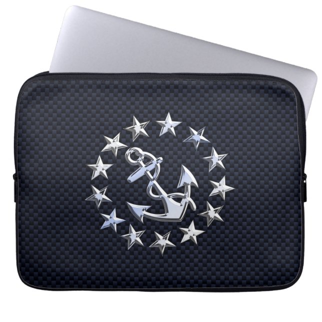 Funda Para Portátil Blue Carbon Nautical Silver Yacht Flag Print (Frente)