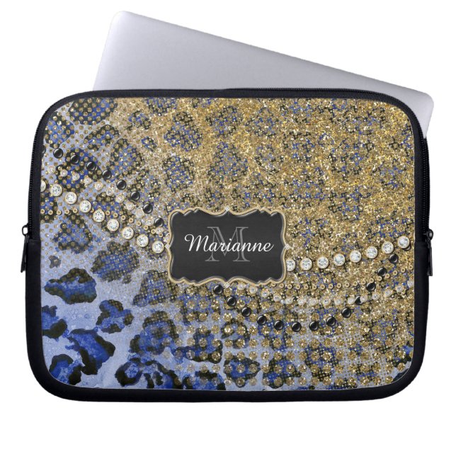 Funda Para Portátil Blue Gold Leopard Animal Print Purpurina Look Jewe (Frente)