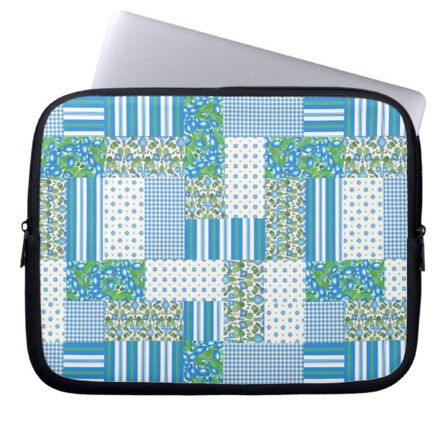 Funda Para Portátil Blue Morning Glory Faux Patchwork Laptop Sleeve (Frente)