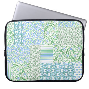 Funda Para Portátil Blue Periwinkle Flowers Vintage Faux Patchwork